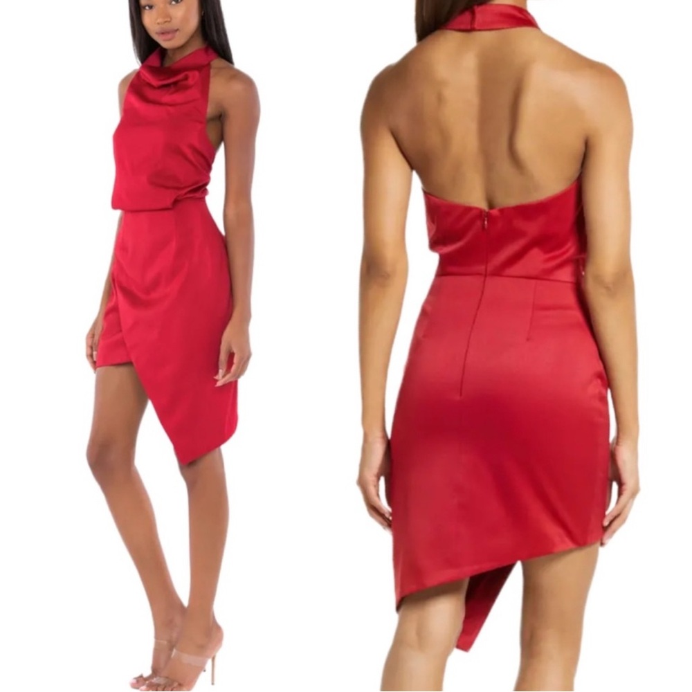 Elliatt Scarlet Asymmetrical Satin Halter Dress